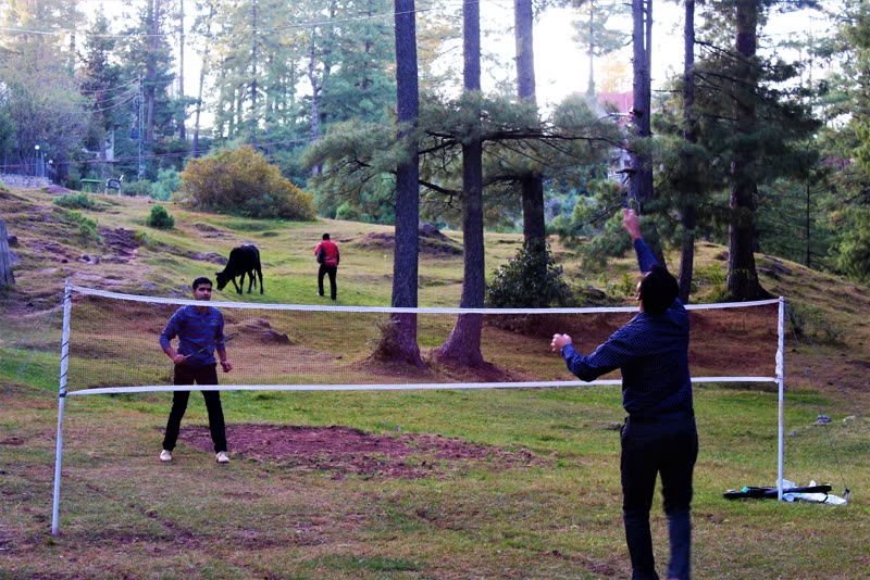 Two visitors playing badminton on the forest meadow